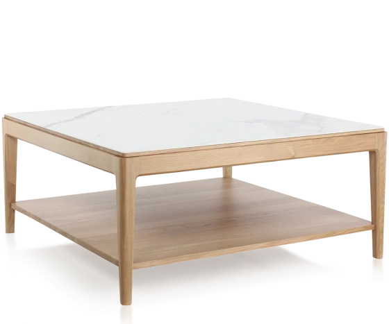Table basse carrée en chêne et céramique avec tablette en bois teinte naturelle plateau céramique effet marbre blanc 100x100 cm