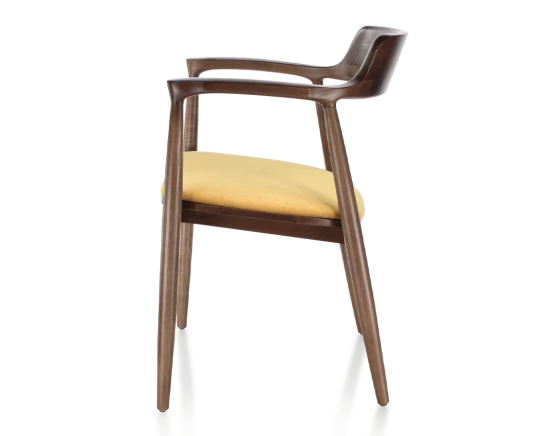 Chaise scandinave bois teinte marron foncé et tissu jaune