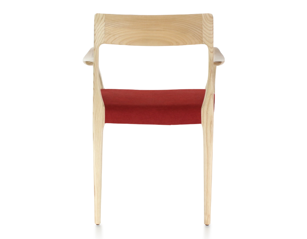 Scandinavian armchair with armrests natural wood stain burgundy fabric seat Scandinavian armchair with armrests natural wood stain burgundy fabric seat