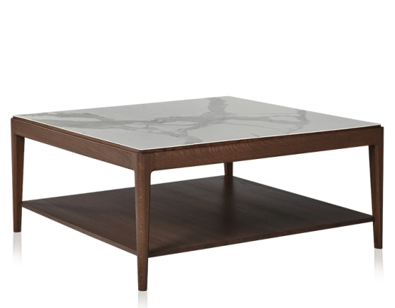 Square coffee table in oak and ceramic with shelf in dark brown stained wood, white marble effect ceramic top 100x100 cm
