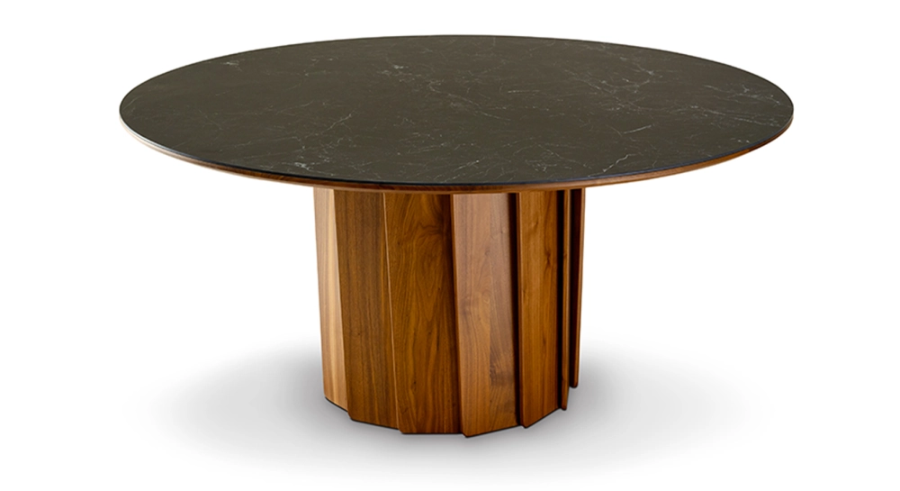 Table salle à manger ronde 6 personnes en noyer et céramique teinte naturelle plateau effet ardoise 140 cm Table salle à manger ronde 6 personnes en noyer et céramique teinte naturelle plateau effet ardoise 140 cm