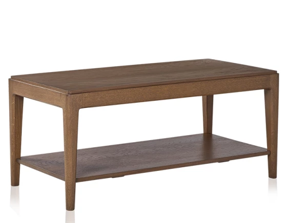 Table basse rectangulaire en chêne teinte noyer dessus bois avec tablette 100x50 cm