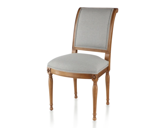Antique Directoire style chair wood stained in an antique style and light grey fabric