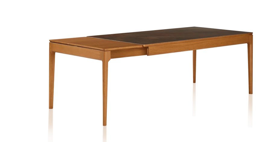 Table extensible 6 à 10 personnes en chêne et céramique allonges bois avec bois teinte merisier et plateau céramique brun oxydé 140x90 cm