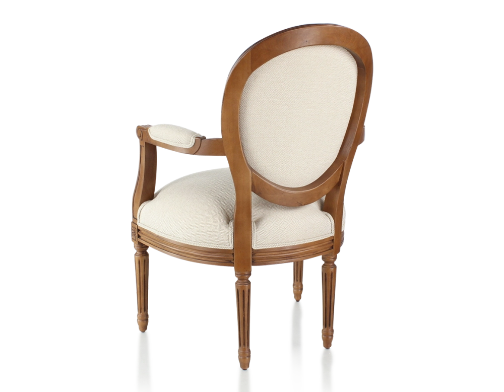 Fauteuil ancien style Louis XVI bois teinte ancienne et tissu chevron beige Fauteuil ancien style Louis XVI bois teinte ancienne et tissu chevron beige