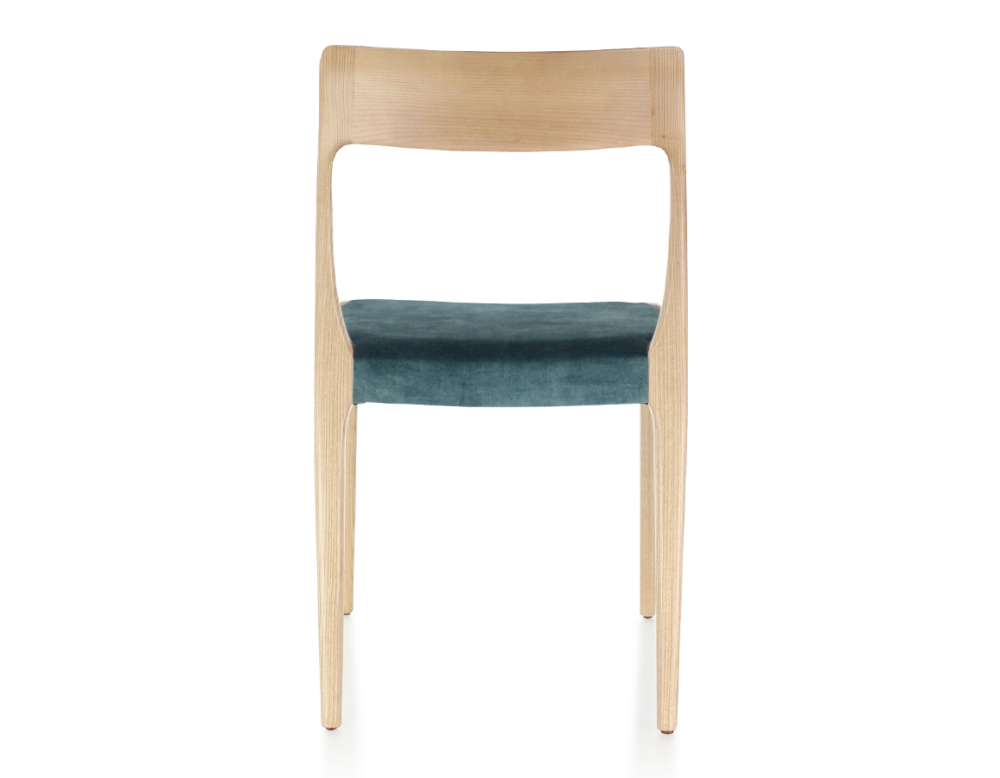 Scandinavian chair natural stained wood, petrol blue velvet seat Scandinavian chair natural stained wood, petrol blue velvet seat