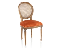 Chaise ancienne style Louis XVI bois teinte ancienne dossier canné assise tissu velours terracotta Chaise ancienne style Louis XVI bois teinte ancienne dossier canné assise tissu velours terracotta