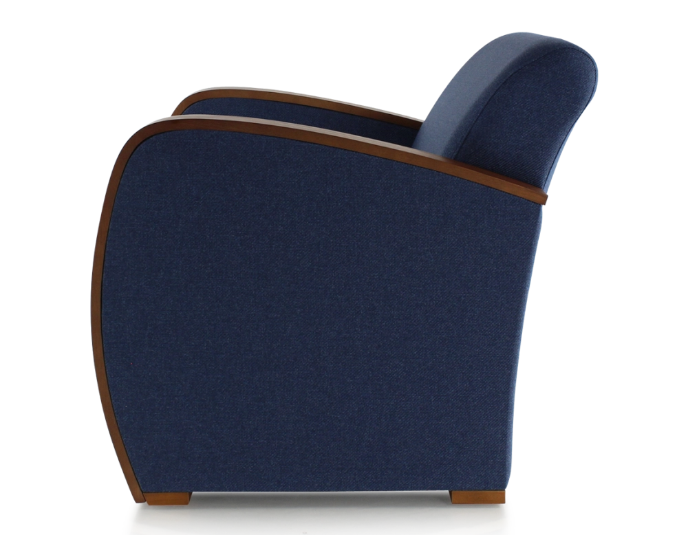Fauteuil design bois teinte merisier et tissu bleu marine Fauteuil design bois teinte merisier et tissu bleu marine