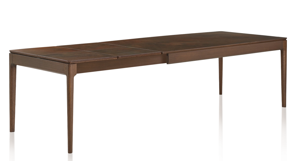 Table extensible 8 à 12 personnes en chêne et céramique allonges céramique avec bois teinte marron foncé et plateau et allonges céramique brun oxydé 160x100 cm