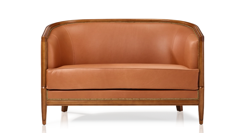 Canapé ancien 2 places accoudoirs moulurés bois teinte ancienne et cuir châtain