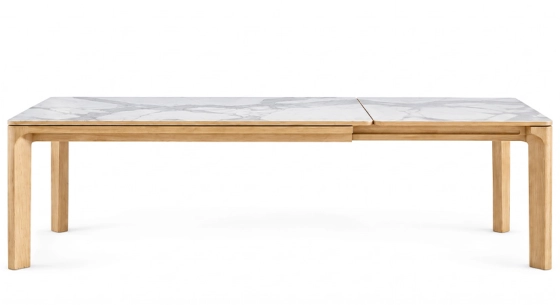 Table extensible 6 à 8 personnes en chêne et céramique allonges céramique avec bois teinte naturelle et plateau et allonge céramique effet marbre blanc 140x90 cm