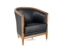 Fauteuil ancien accoudoirs moulurés bois teinte ancienne et cuir noir