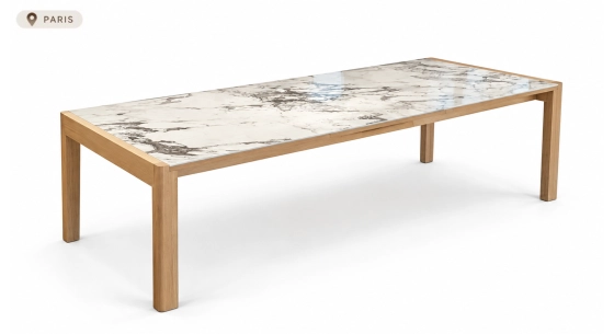 Table extensible 8 à 12 personnes en chêne et céramique allonges céramique bois teinte naturelle et céramique effet marbre blanc m3 180x100 cm