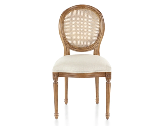 Antique Louis XVI style chair wood stained old style caned back seat beige chevron fabric