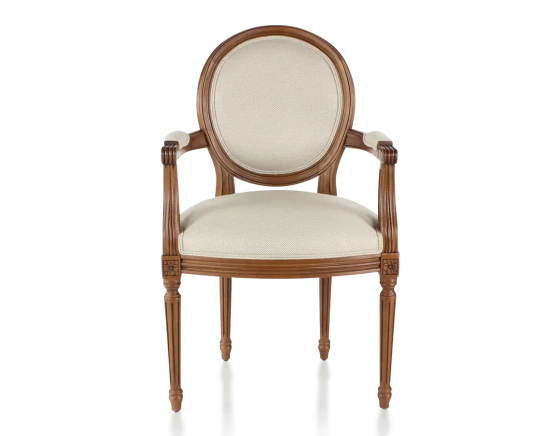Chaise ancienne style Louis XVI avec accoudoirs bois teinte ancienne et tissu chevron beige