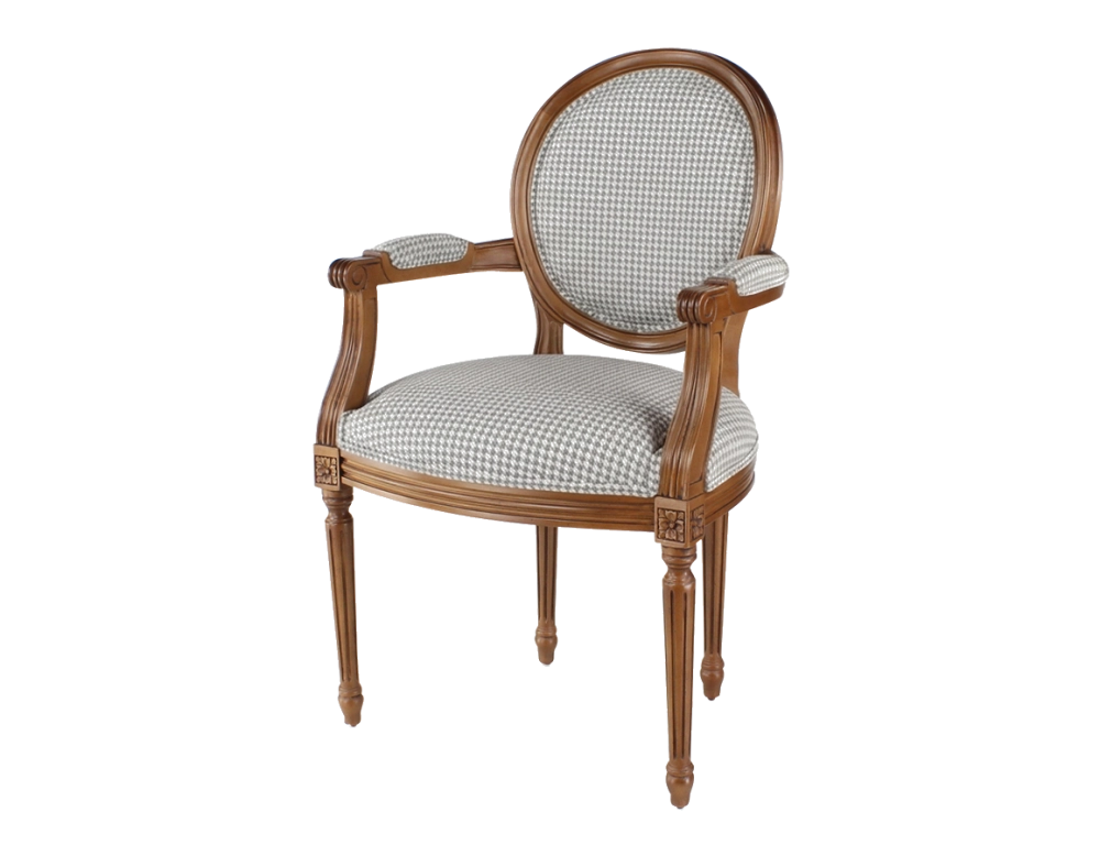 Sillón antiguo estilo Luis XVI bois teinte ancienne et tissu pied de poule blanc et taupe