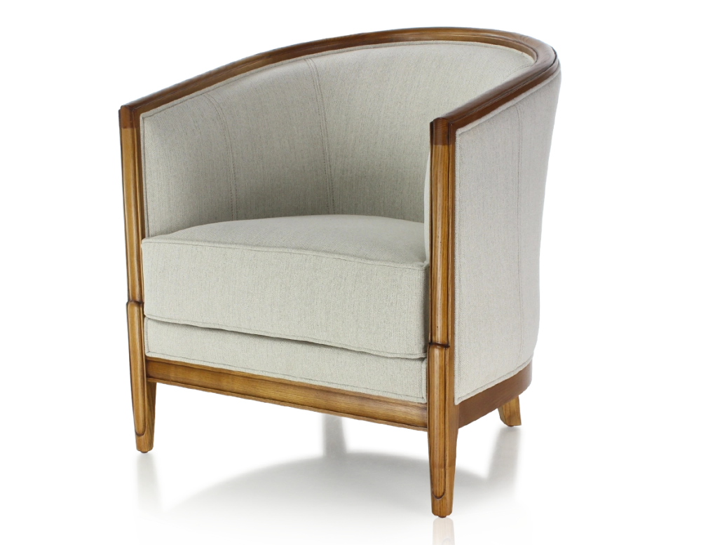 Fauteuil ancien accoudoirs moulurés bois teinte ancienne et tissu beige naturel Fauteuil ancien accoudoirs moulurés bois teinte ancienne et tissu beige naturel