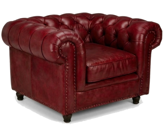 Fauteuil Chesterfield cuir rouge carmin accoudoirs cloutés