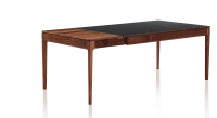 Table extensible 6 à 12 personnes en noyer et céramique allonges bois avec bois teinte naturelle et plateau céramique noir unie 140x100 cm