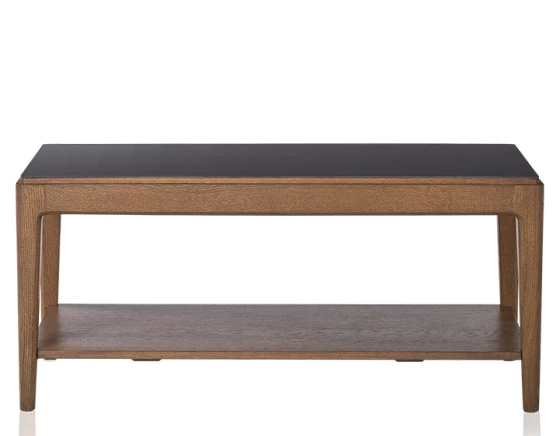 Table basse rectangulaire en chêne et céramique avec tablette en bois teinte noyer plateau céramique noir unie 100x50 cm