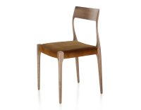 Chaise scandinave bois teinte noyer assise tissu velours bronze Chaise scandinave bois teinte noyer assise tissu velours bronze