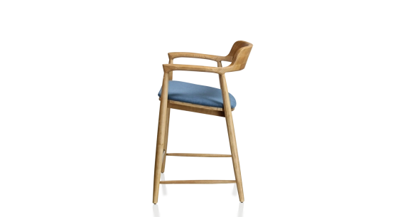 Tabouret de bar h60 cm bois teinte naturelle assise tissu bleu jean