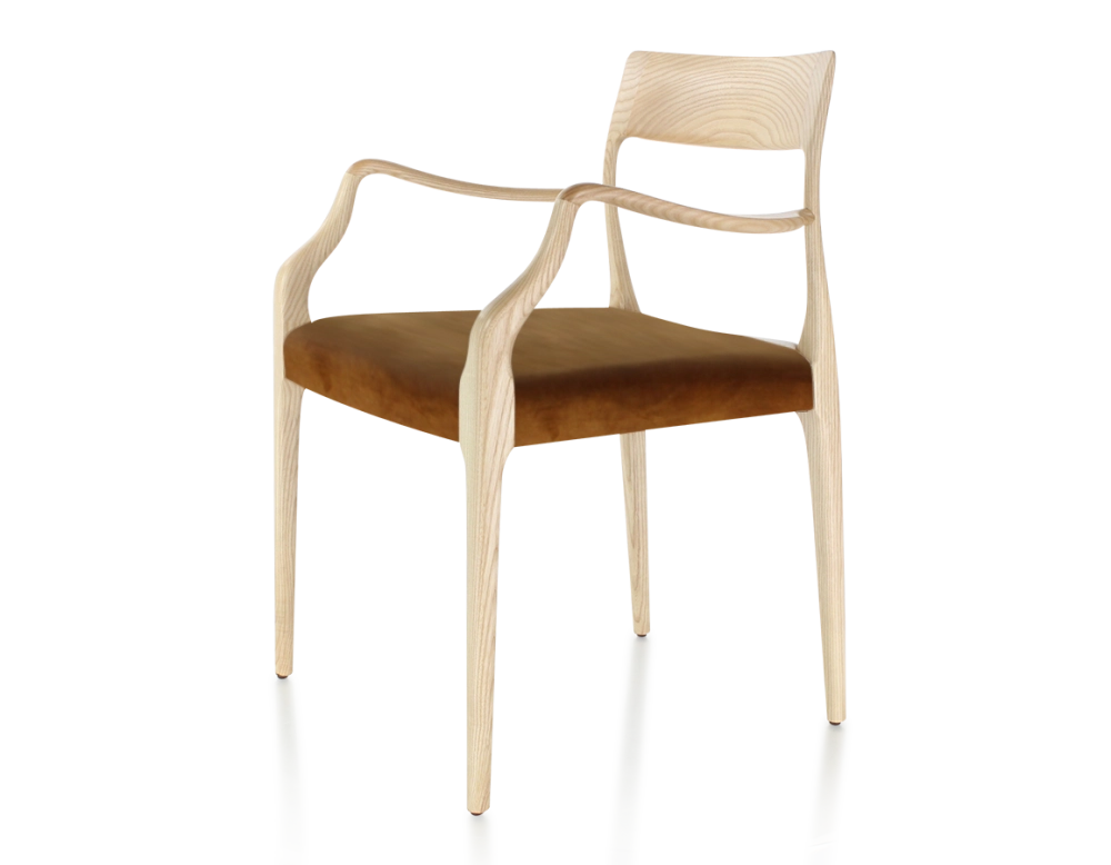 Chaise scandinave avec accoudoirs bois teinte naturelle assise tissu velours bronze Chaise scandinave avec accoudoirs bois teinte naturelle assise tissu velours bronze