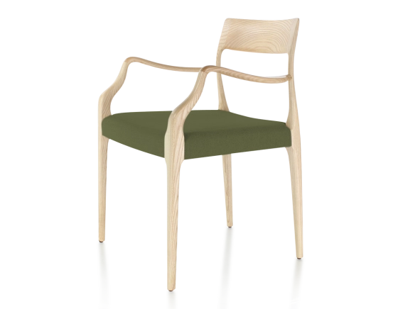 Scandinavian armchair with armrests natural wood stain olive green fabric seat