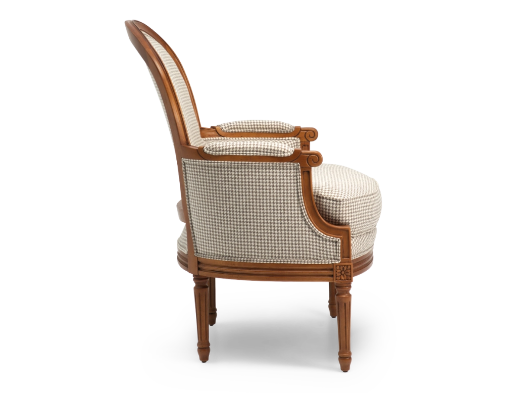 Louis XVI style bergère armchair wood antique stain and white and taupe houndstooth fabric Louis XVI style bergère armchair wood antique stain and white and taupe houndstooth fabric