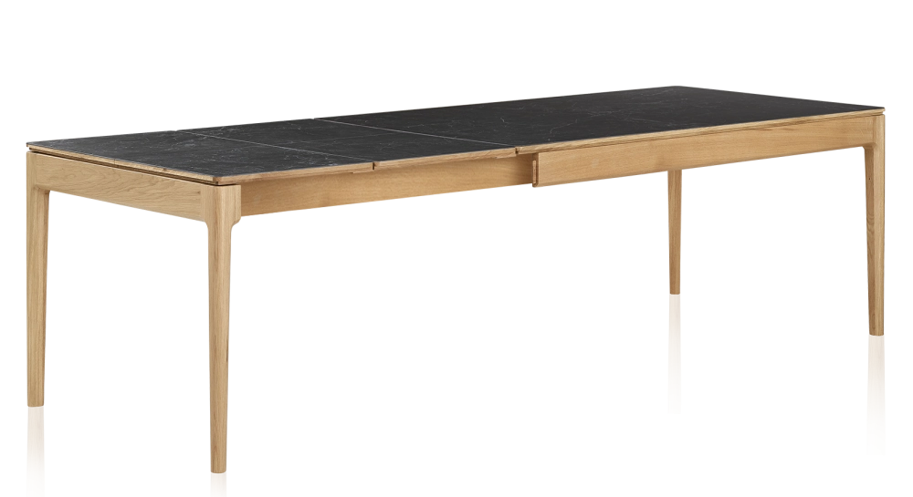 Extendable table for 8 to 12 people in oak and ceramic with ceramic extensions with natural stained wood and ceramic slate effect top and extensions 160x100 cm