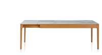 Table extensible 8 à 12 personnes en chêne et céramique allonges céramique avec bois teinte merisier et plateau et allonges céramique effet marbre blanc 160x100 cm