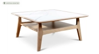 Table basse carrée en chêne et céramique avec bois teinte naturelle plateau céramique effet marbre blanc 120X120 cm