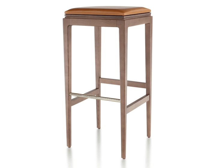 H80 cm designer bar stool walnut-stained wood, caramel leather seat H80 cm designer bar stool walnut-stained wood, caramel leather seat
