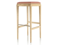 H80 cm designer bar stool natural wood stain coral pink fabric seat H80 cm designer bar stool natural wood stain coral pink fabric seat