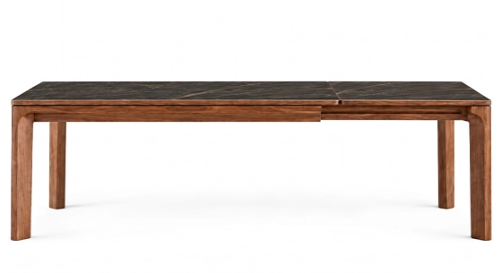 Table extensible 6 à 10/12 personnes en noyer et céramique allonges céramique avec bois teinte naturelle et plateau et allonge céramique effet marbre noir 180x100 cm
