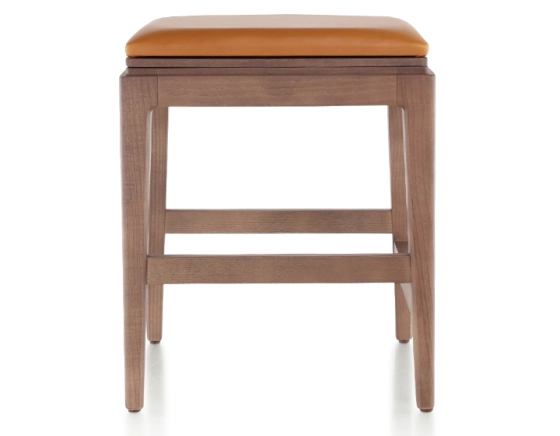 Tabouret design H45 cm bois teinte noyer assise cuir caramel