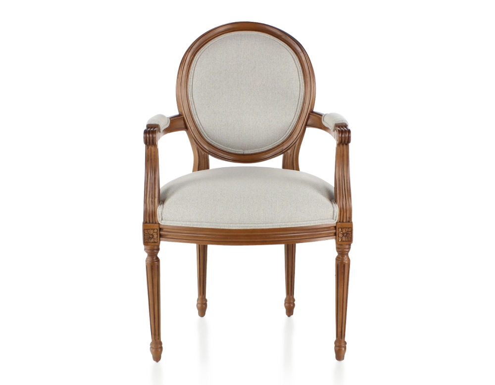 Chaise ancienne style Louis XVI avec accoudoirs bois teinte ancienne et tissu beige naturel Chaise ancienne style Louis XVI avec accoudoirs bois teinte ancienne et tissu beige naturel