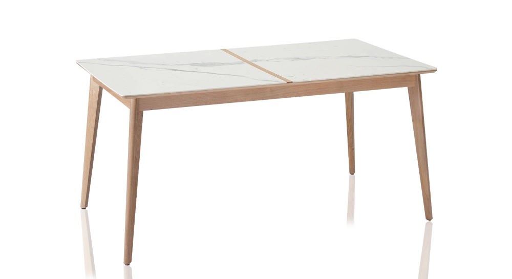 Table salle à manger en chêne et céramique 8 personnes avec bois teinte naturelle et plateau céramique effet marbre blanc 180x90 cm Table salle à manger en chêne et céramique 8 personnes avec bois teinte naturelle et plateau céramique effet marbre blanc 180x90 cm