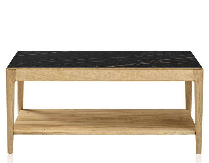 Table basse rectangulaire en chêne et céramique avec tablette en bois teinte naturelle plateau céramique effet marbre noir 100x50 cm