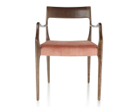 Chaise scandinave avec accoudoirs bois teinte marron foncé assise tissu velours rose pâle Chaise scandinave avec accoudoirs bois teinte marron foncé assise tissu velours rose pâle