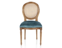 Chaise ancienne style Louis XVI bois teinte ancienne dossier canné assise tissu velours bleu pétrole Chaise ancienne style Louis XVI bois teinte ancienne dossier canné assise tissu velours bleu pétrole