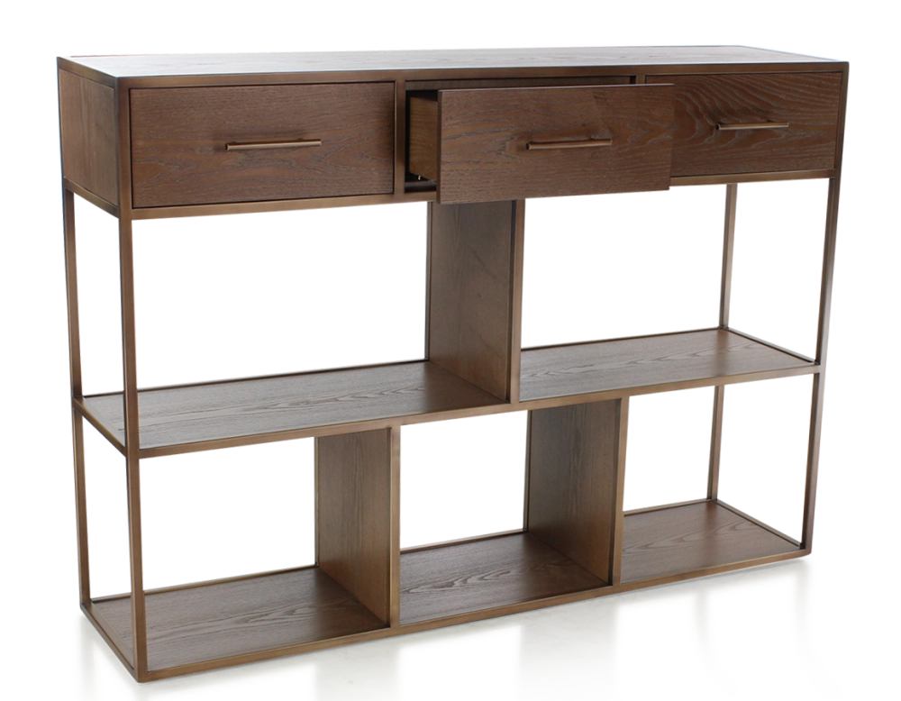Console design frêne teinte marron foncé et métal patine laiton Console design frêne teinte marron foncé et métal patine laiton