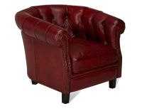 Sillón Chesterfield de piel rojo carmín reposabrazos con tachuelas