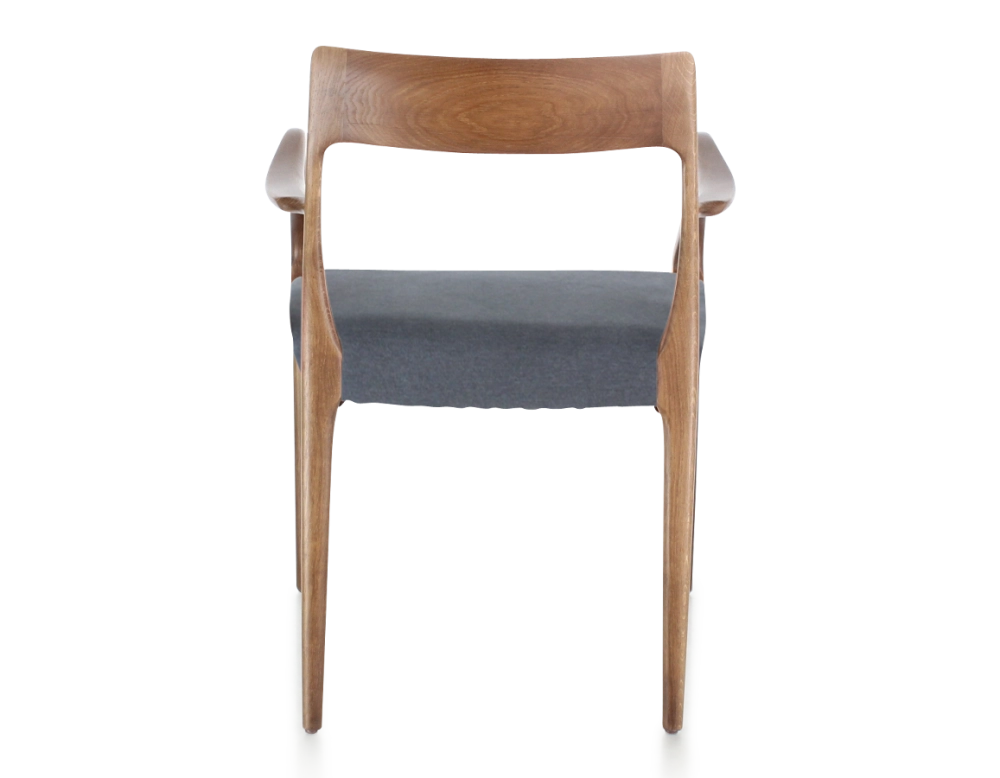 Scandinavian armchair with armrests walnut-stained wood, grey fabric seat Scandinavian armchair with armrests walnut-stained wood, grey fabric seat