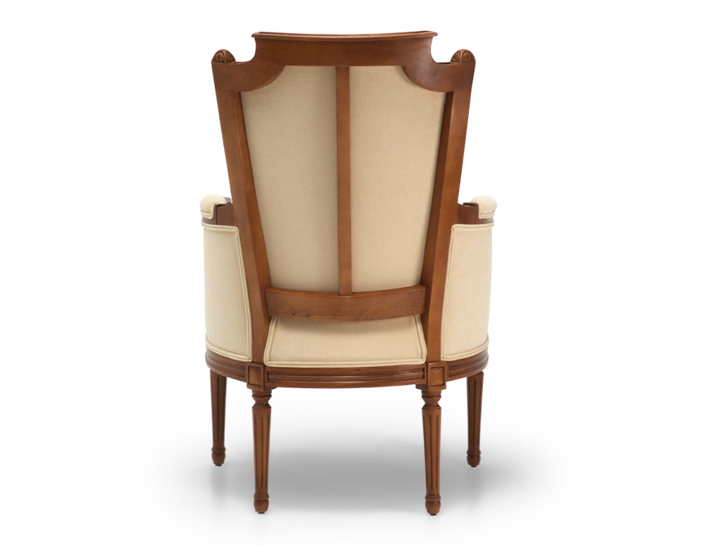 Fauteuil bergère style Louis XVI bois teinte ancienne et tissu crème Fauteuil bergère style Louis XVI bois teinte ancienne et tissu crème