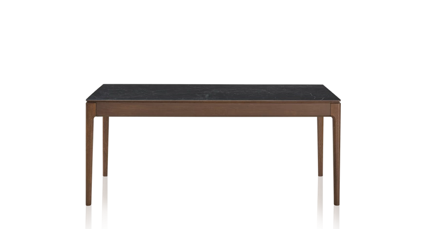 Table extensible en chêne et céramique allonges céramique avec bois teinte marron foncé et plateau et allonges céramique effet ardoise 210x100 cm