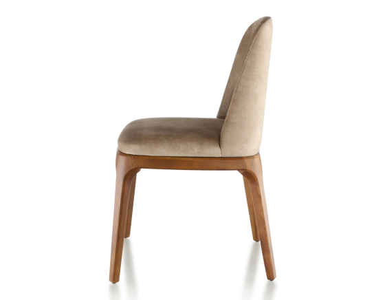 Designer chair cherry-stained wood and light taupe velvet fabric