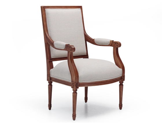 Fauteuil ancien style Louis XVI bois teinte ancienne et tissu beige naturel