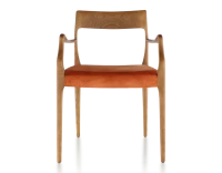 Chaise scandivave avec accoudoirs bois teinte merisier assise tissu velours terracotta
