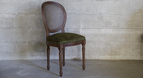 Louis XVI style antique chair wood antique stain and navy blue fabric